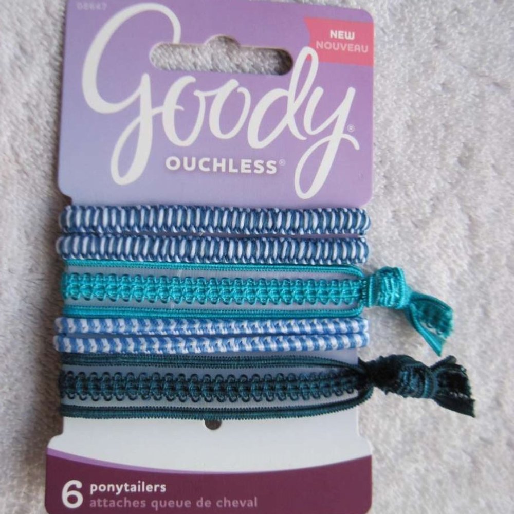 6 Goody Mixed Ponytailer No Metal Elastic Hair Bands 2 Lace Tied Ribbon Sea Blue
